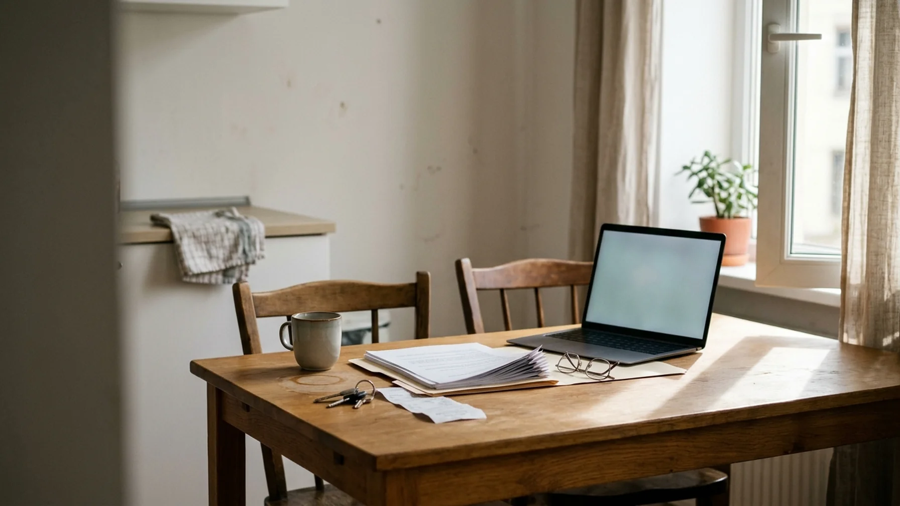 Laptop, folder of documents and reading glasses on a kitchen table in a rented apartment