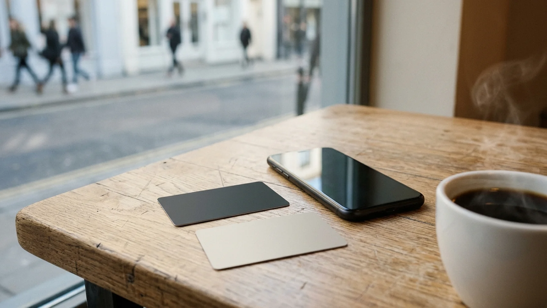 Two bank cards and a phone showing a currency exchange screen on a cafe table
