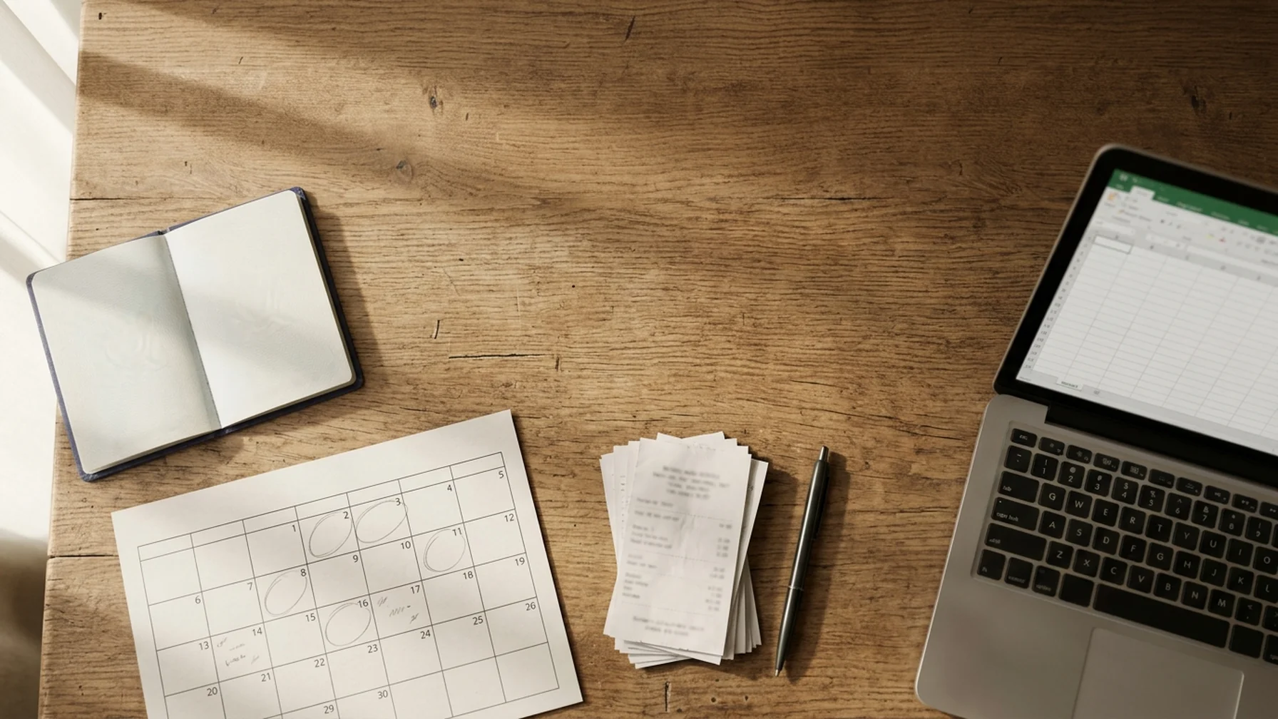 A desk by a window with a passport, a paper calendar with days marked, a folder of receipts and a laptop showing a spreadsheet
