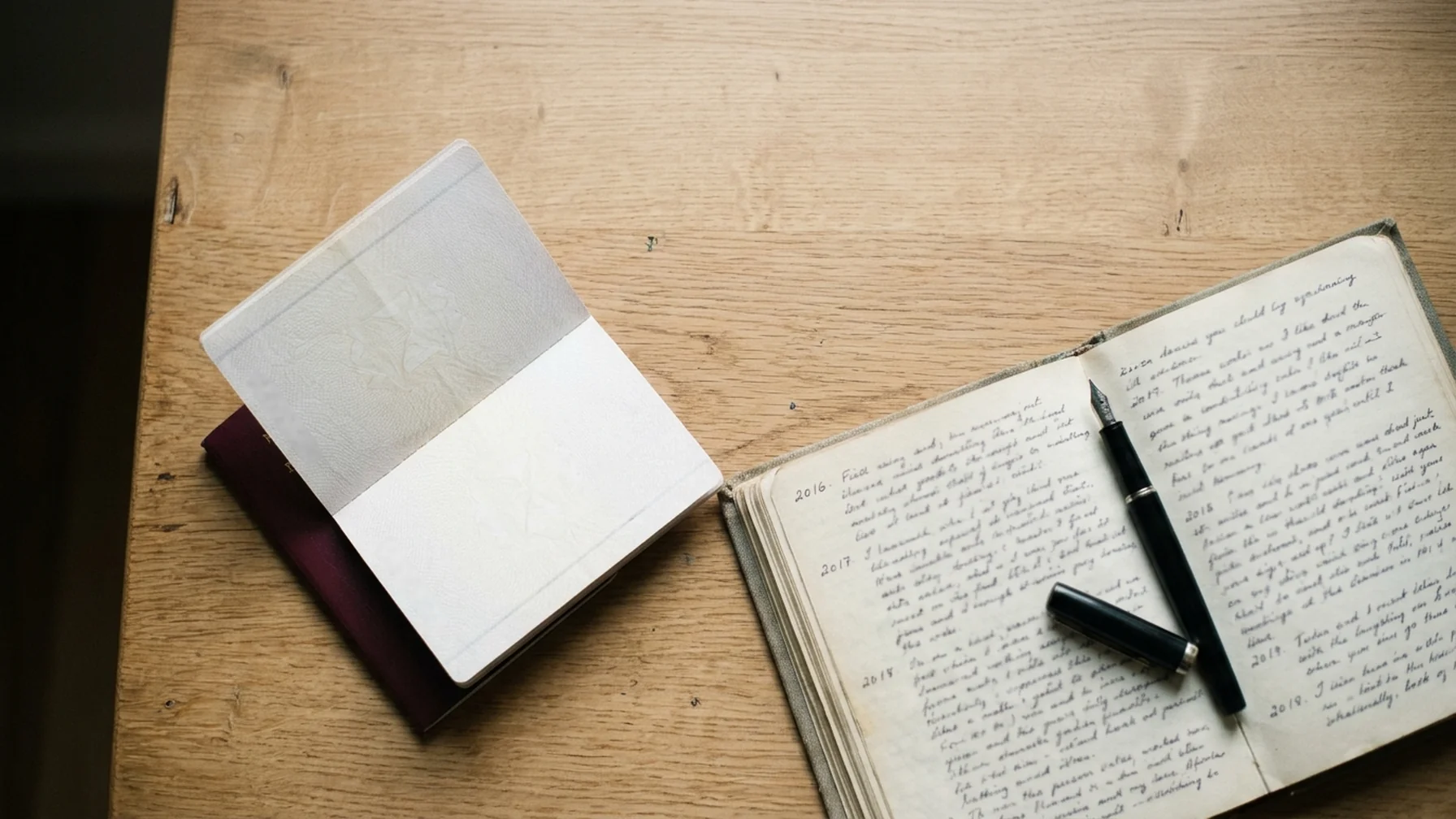 Passport, a small notebook of dated entries and a pen on a wooden desk beside a window